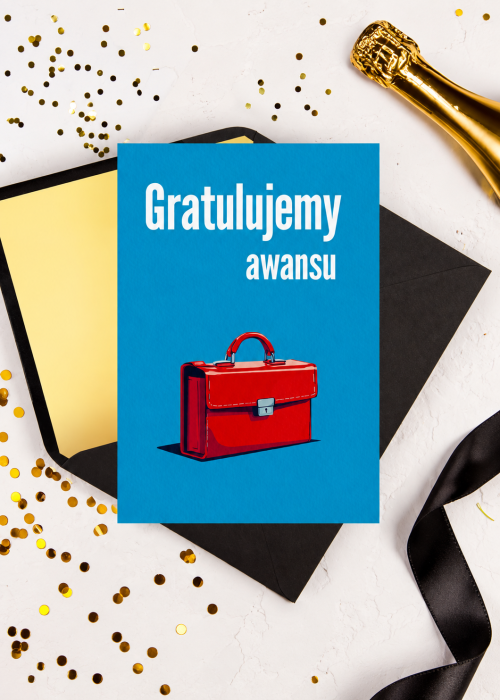 Kartka z gratulacjami z okazji awansu z czerwoną teczką